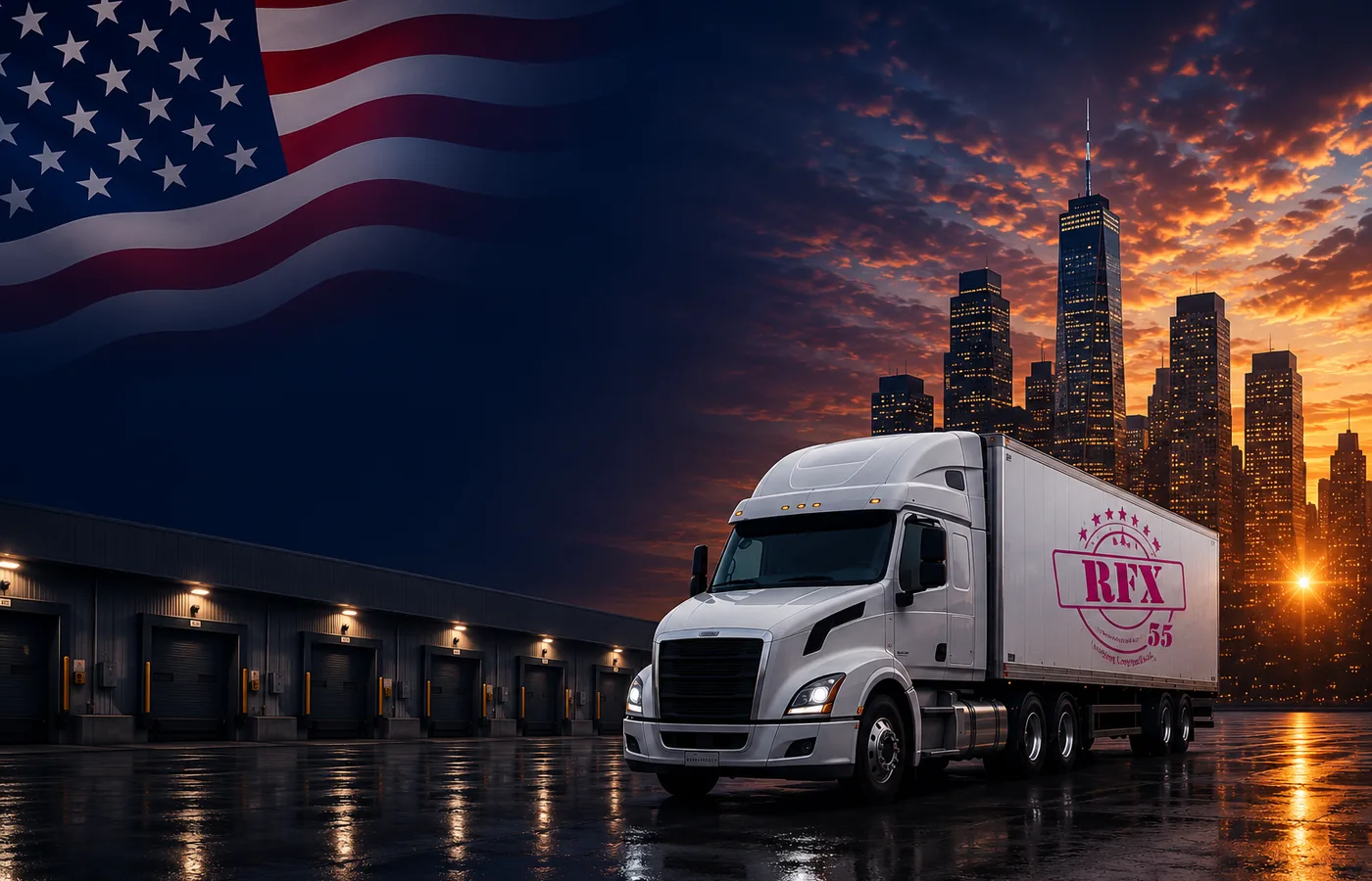 RFX55 truck with the United States flag and skyline