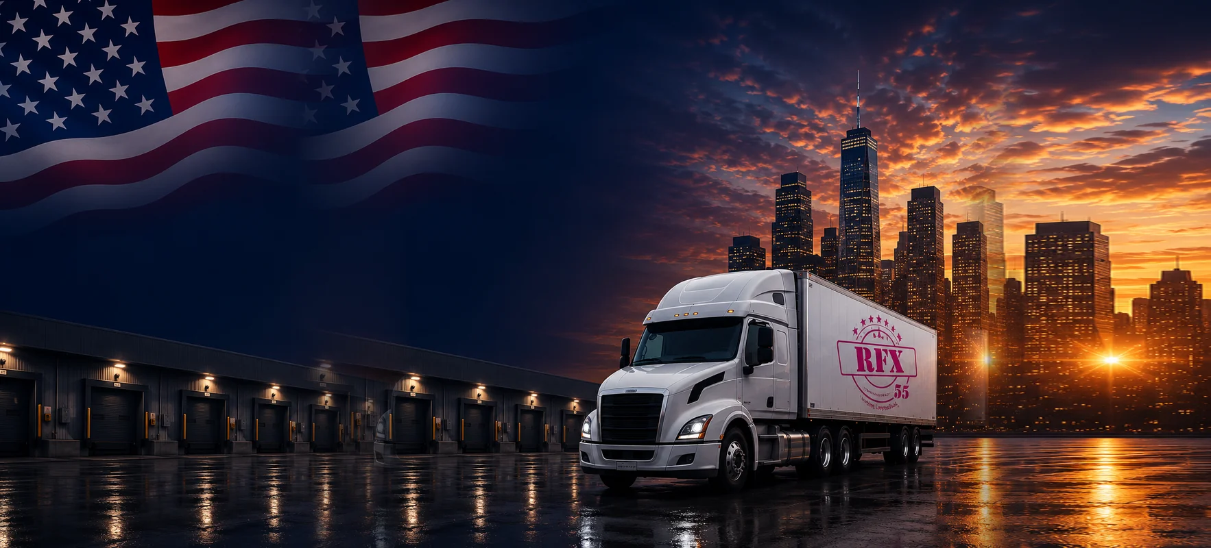 RFX55 truck with the United States flag and city skyline